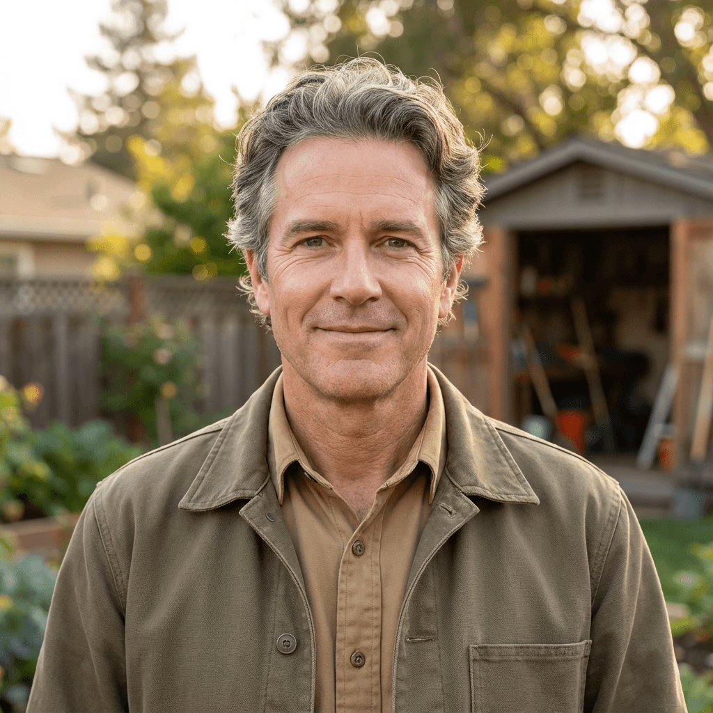 Male homeowner in casual shirt in garage