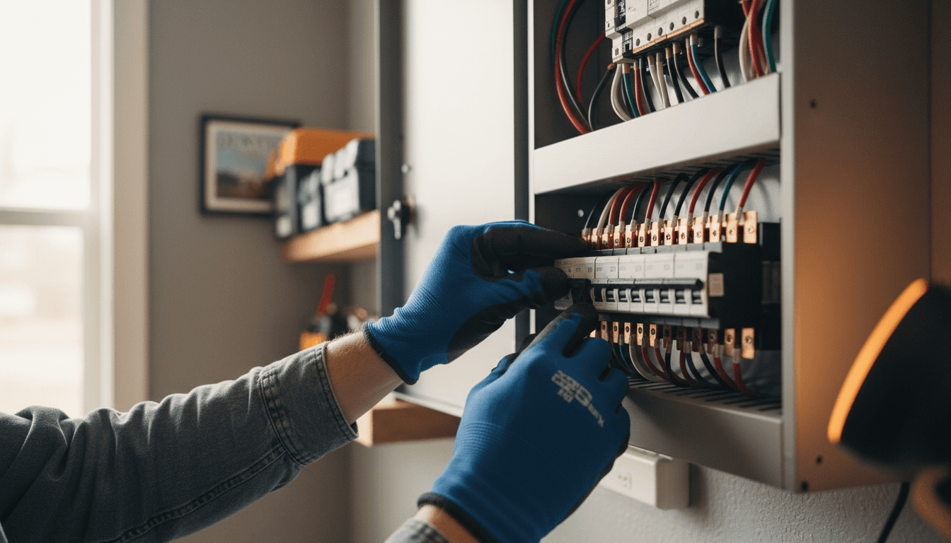 Electrician's hands working on a residential breaker panel