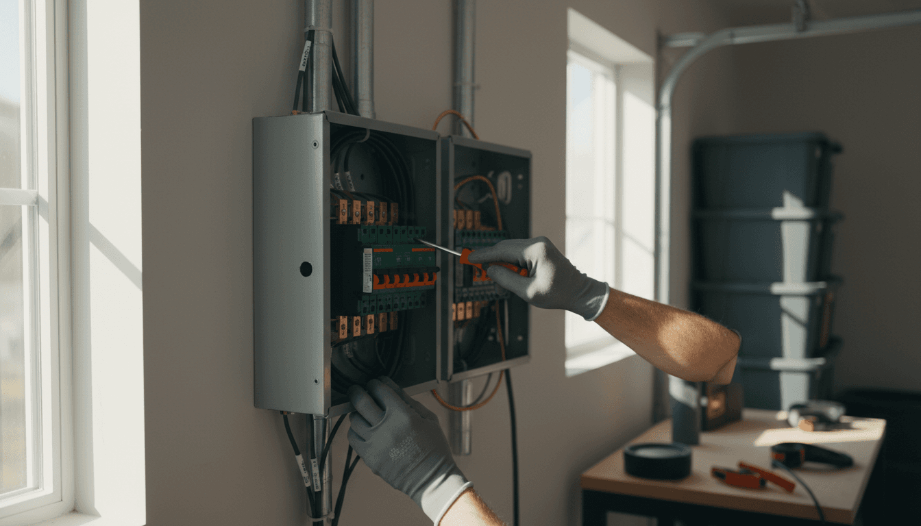 Electrician installing a circuit breaker panel in a home