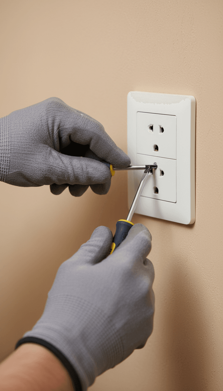 Electrician's hands securing an outlet cover