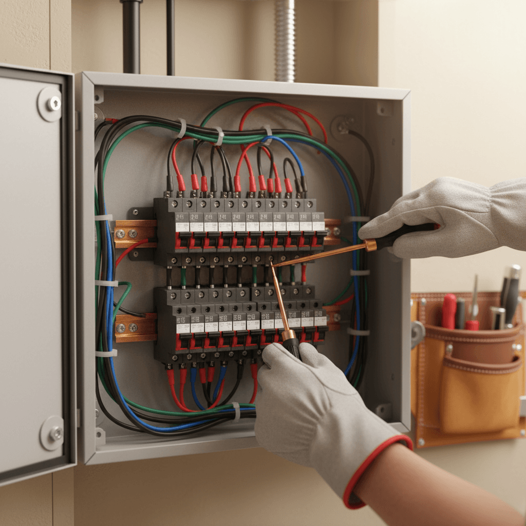 Electrician installing a circuit breaker in a residential panel