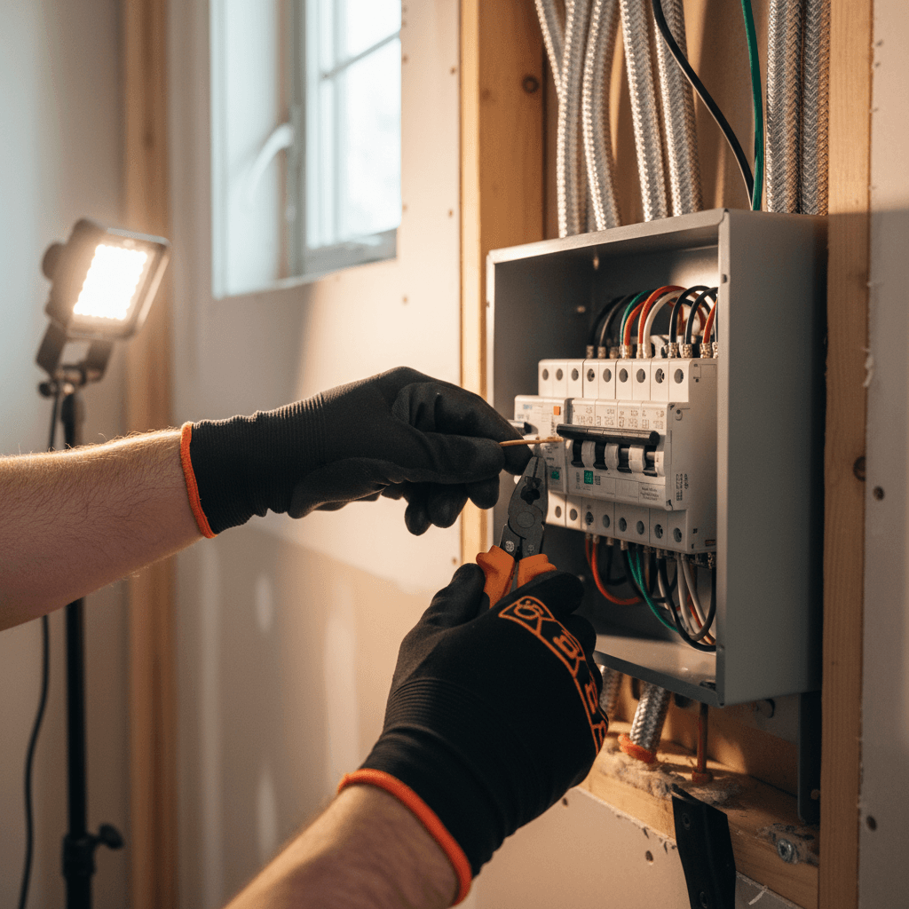 Electrician's hand turning off a circuit breaker