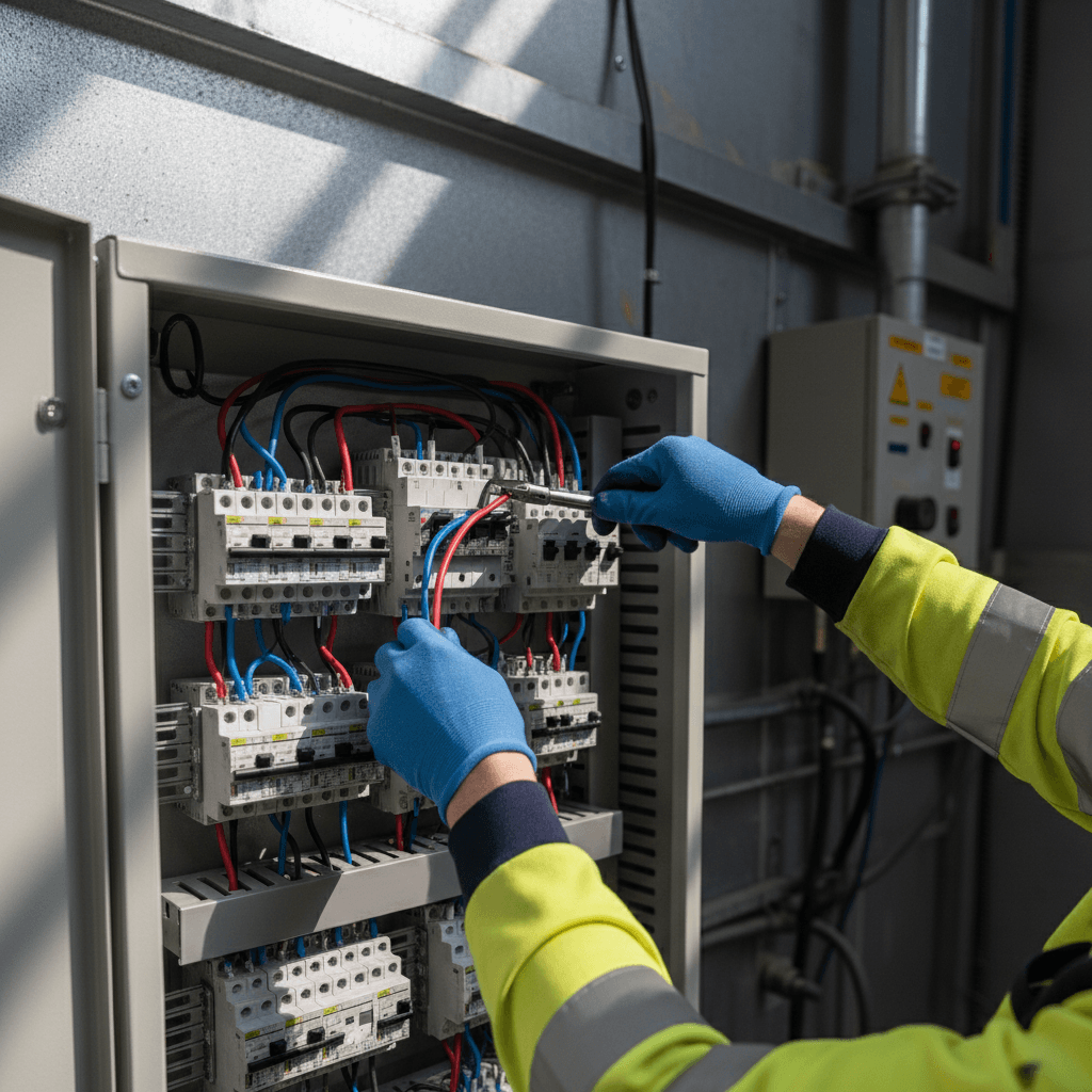 Neatly wired electrical panel with labeled breakers being inspected