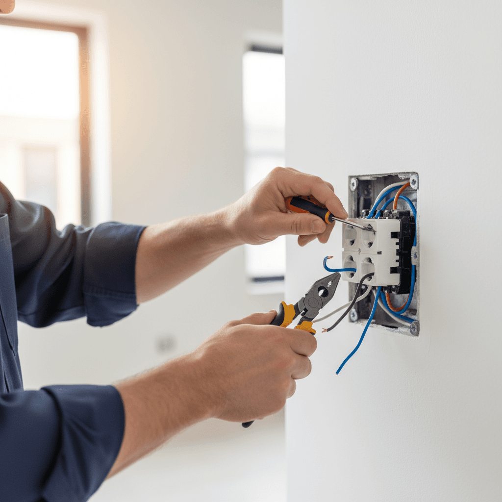 Electrician's hands securing an outlet cover plate