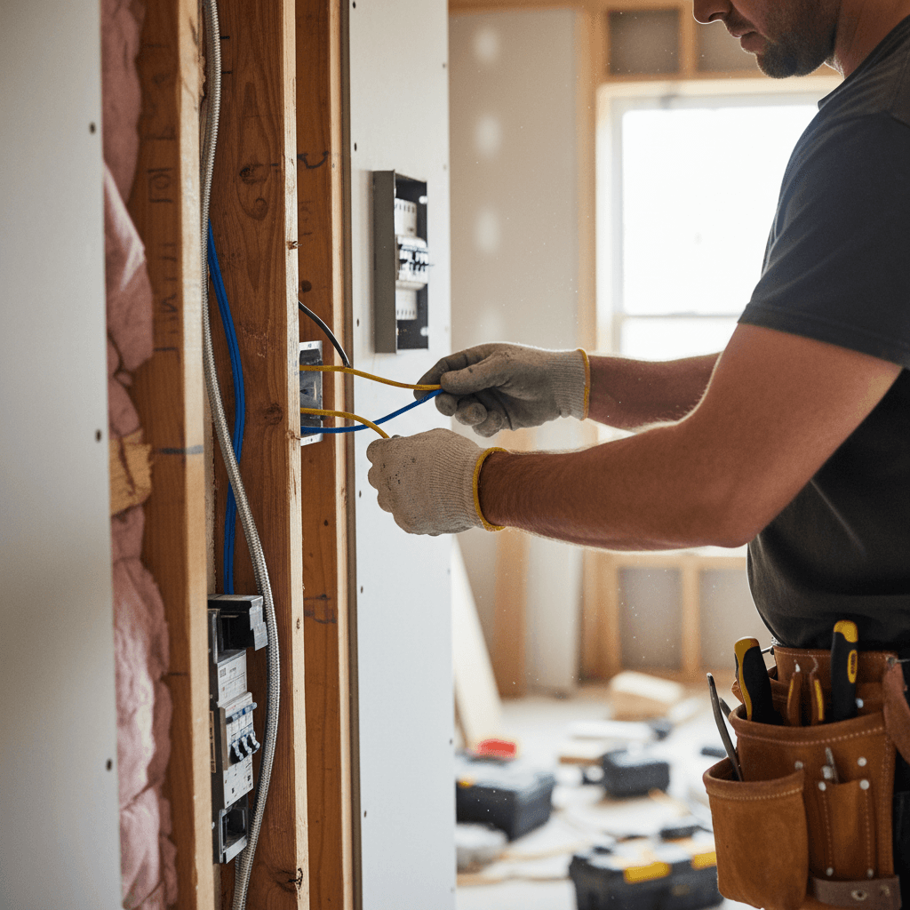 Electrician securing wiring to wall studs during a rewiring job