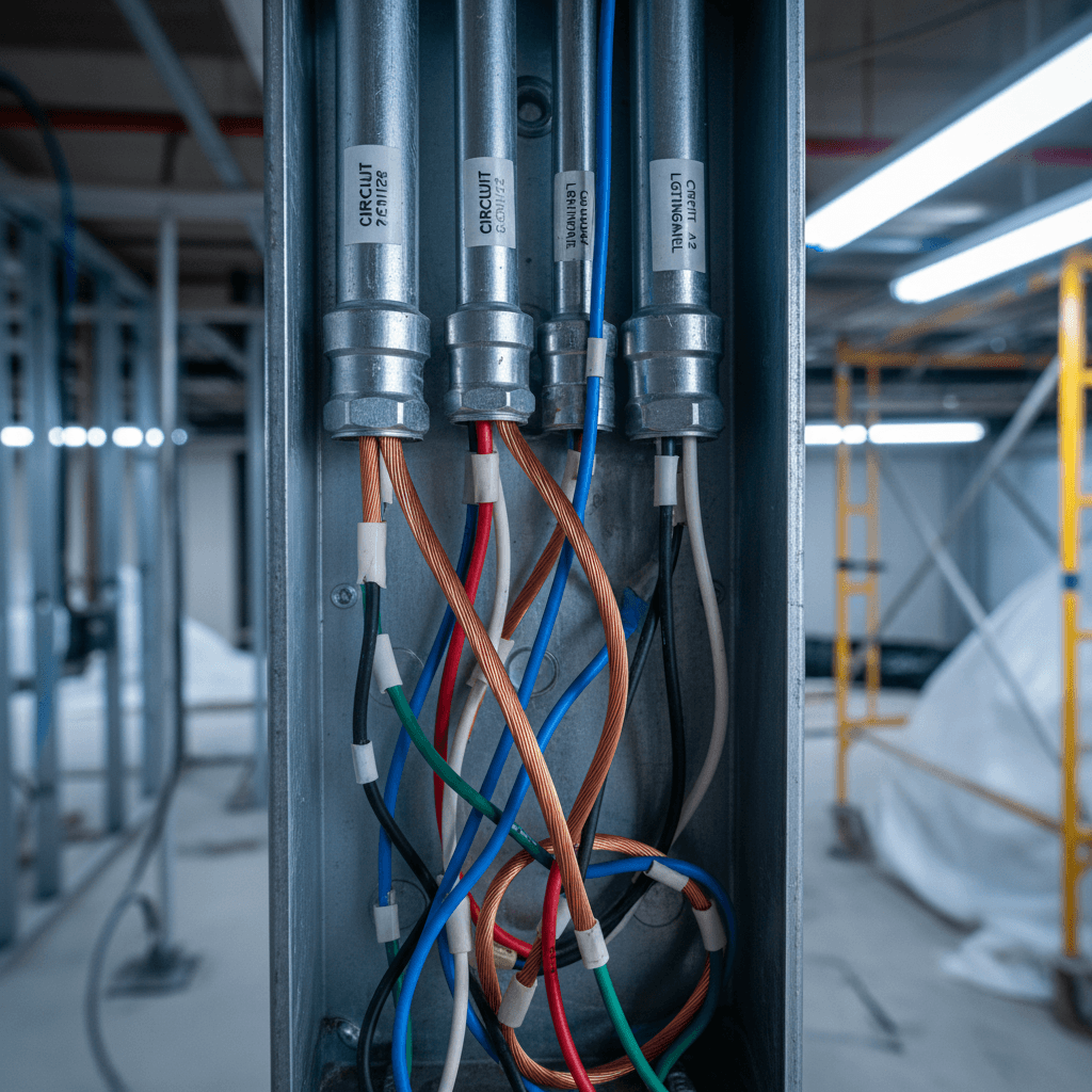 Straight conduit and junction boxes in a finished basement